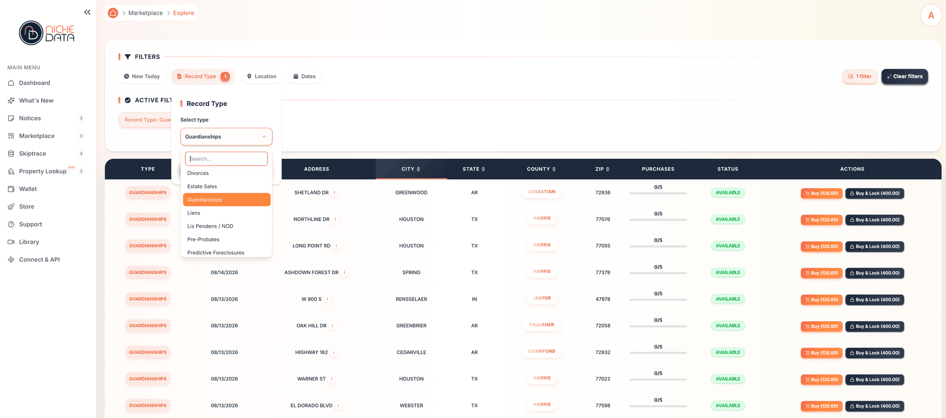 The NicheData marketplace showing individual records available to purchase
