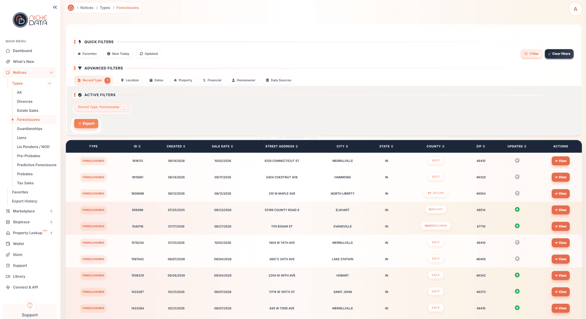 The NicheData notices list filtered by record type