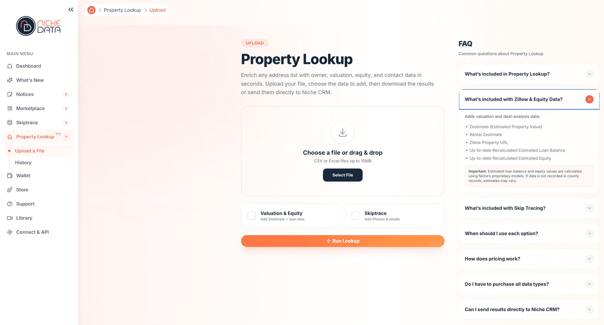The NicheData Property Lookup upload screen with enrichment options