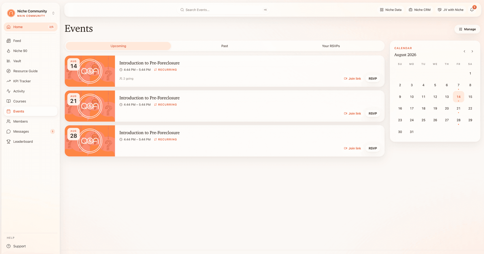 Upcoming events and RSVPs in the Niche Community app