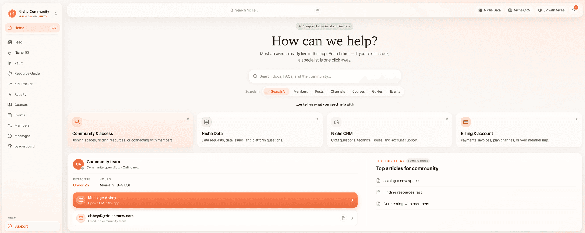 The in-app support hub routing members to Niche Data, Niche CRM, billing and the community team