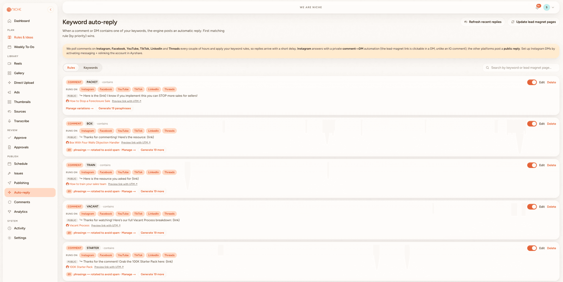 Niche Content keyword auto-reply rules across social platforms
