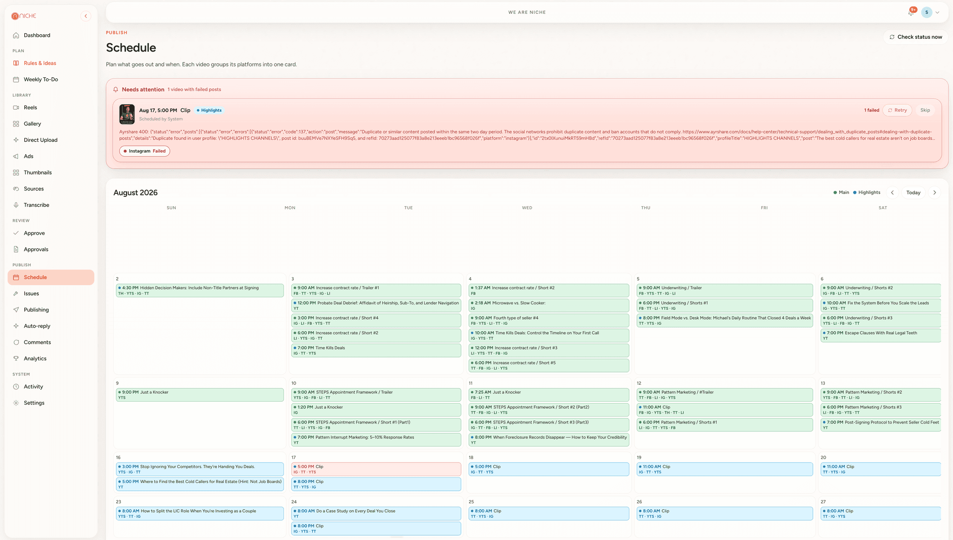 The Niche Content publishing schedule across platforms