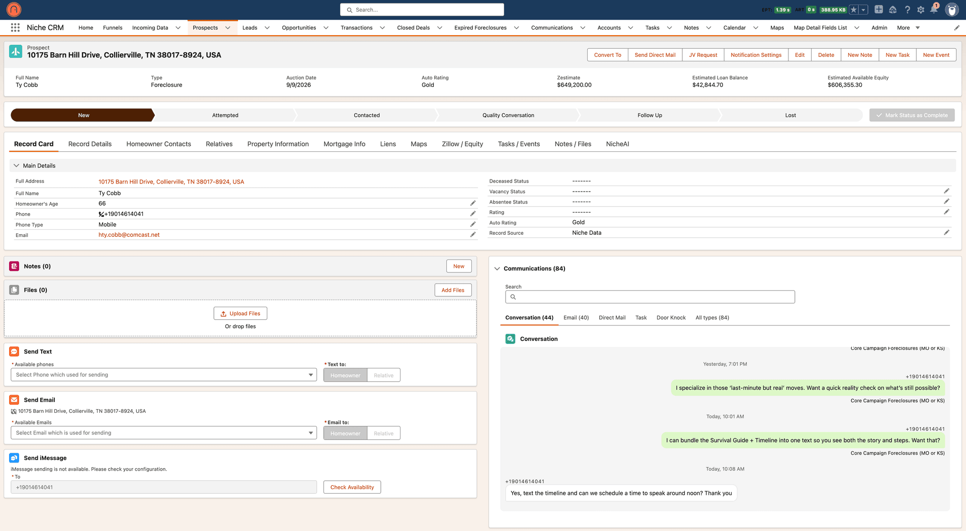 A Niche CRM record showing the SMS conversation thread with a homeowner