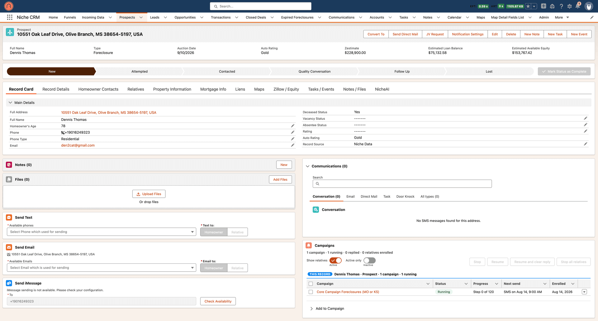 A Niche CRM property record with homeowner details and connected campaigns