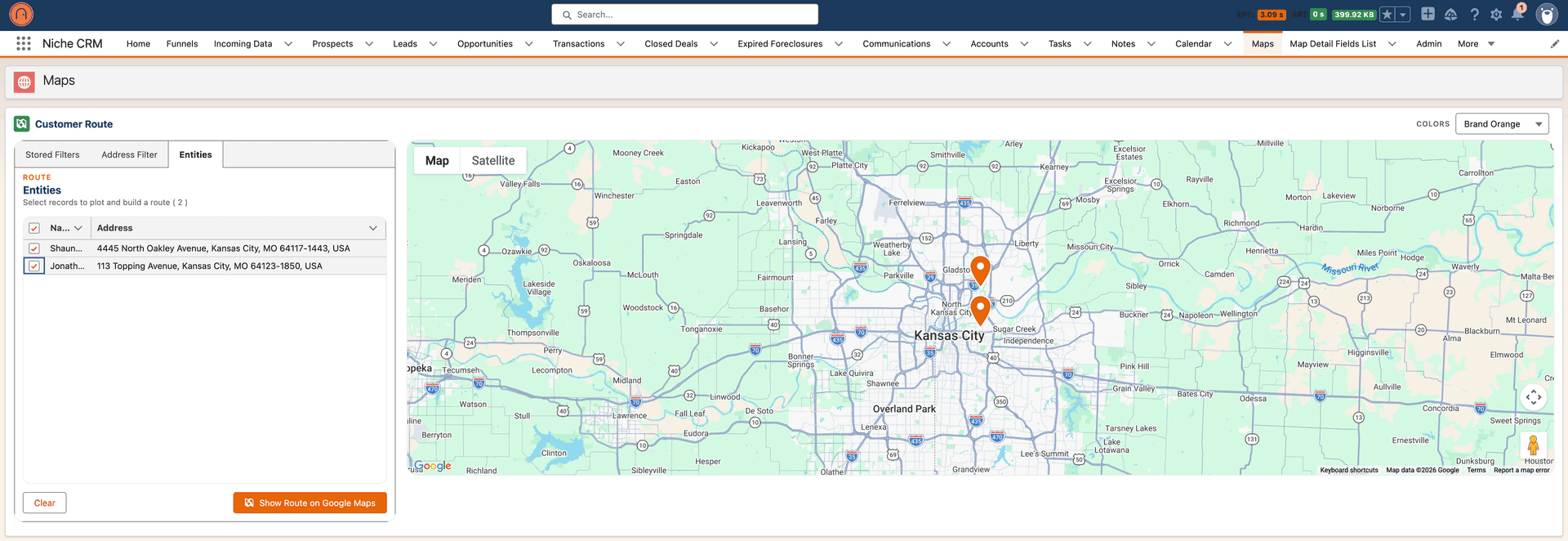 Niche CRM route planning across mapped properties