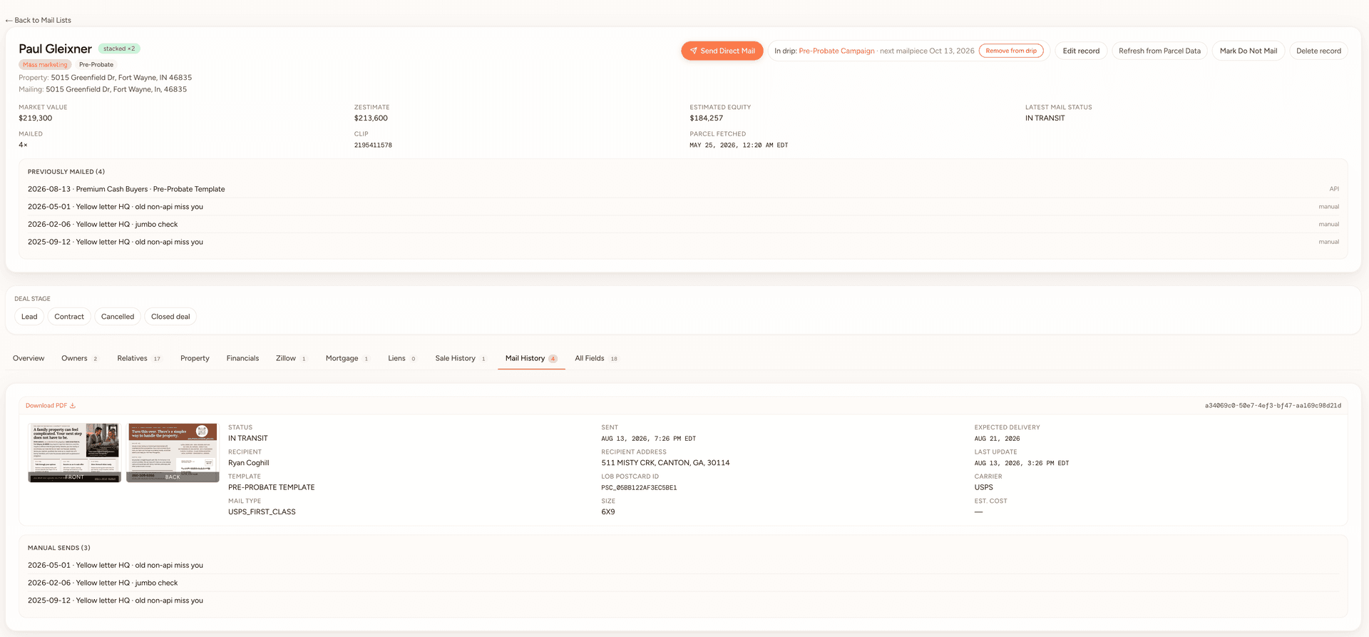 A Niche Direct Mail per-property record showing mail history and in-transit status