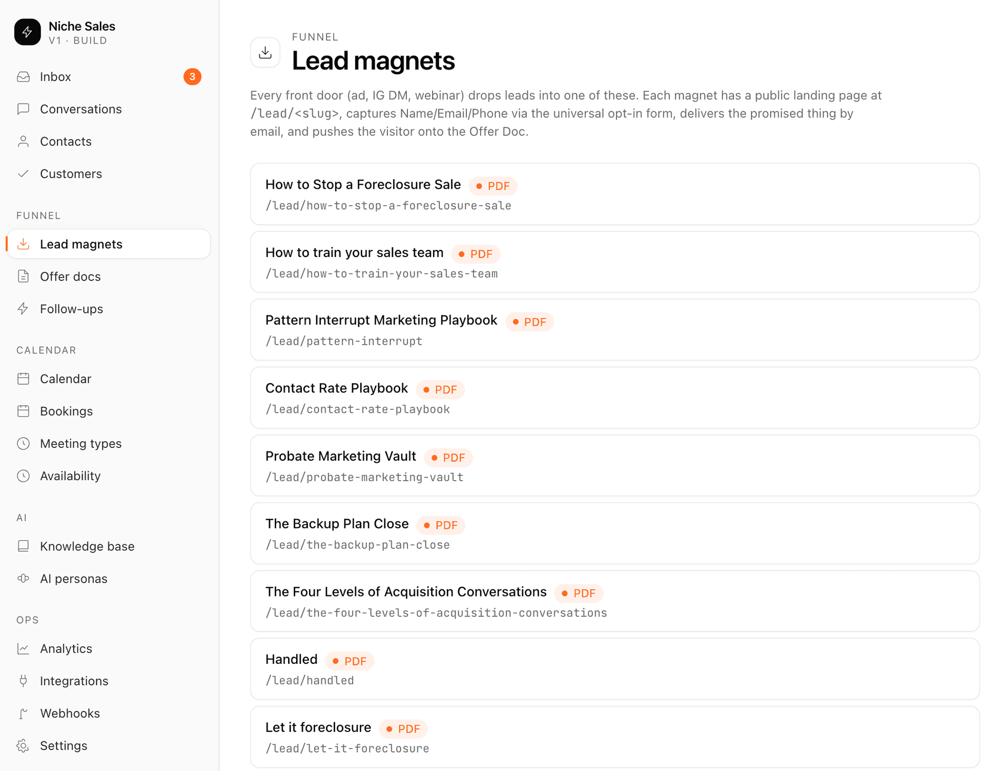 Niche Sales lead magnets, each with its own landing page
